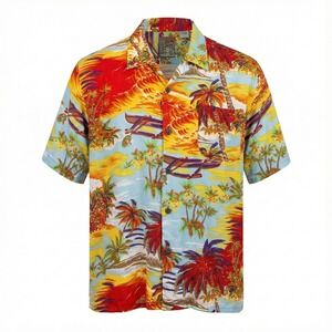 Vtg Pineapple Connection Hawaiian Shirt Men‎ Large Rayon Sunset Canoe Korea 90s